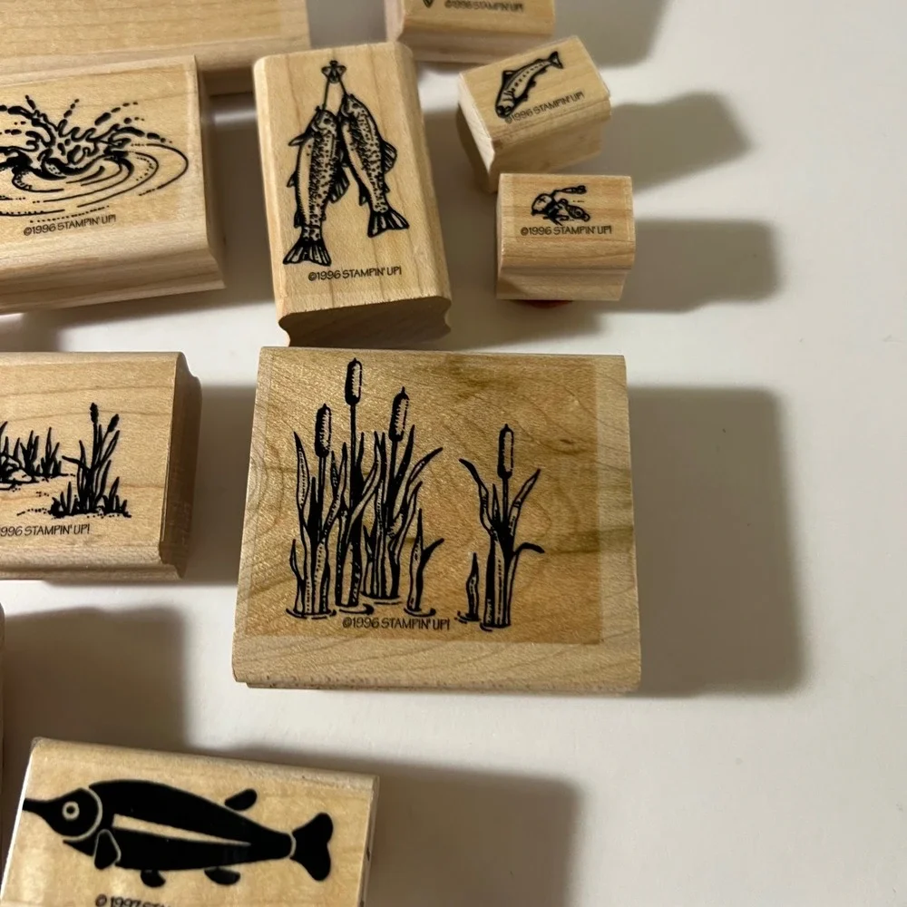 Vintage Stampin Up Et Al Fishing Wood Rubber Stamp‎ Set 12pc Fish Rod 1996 1997